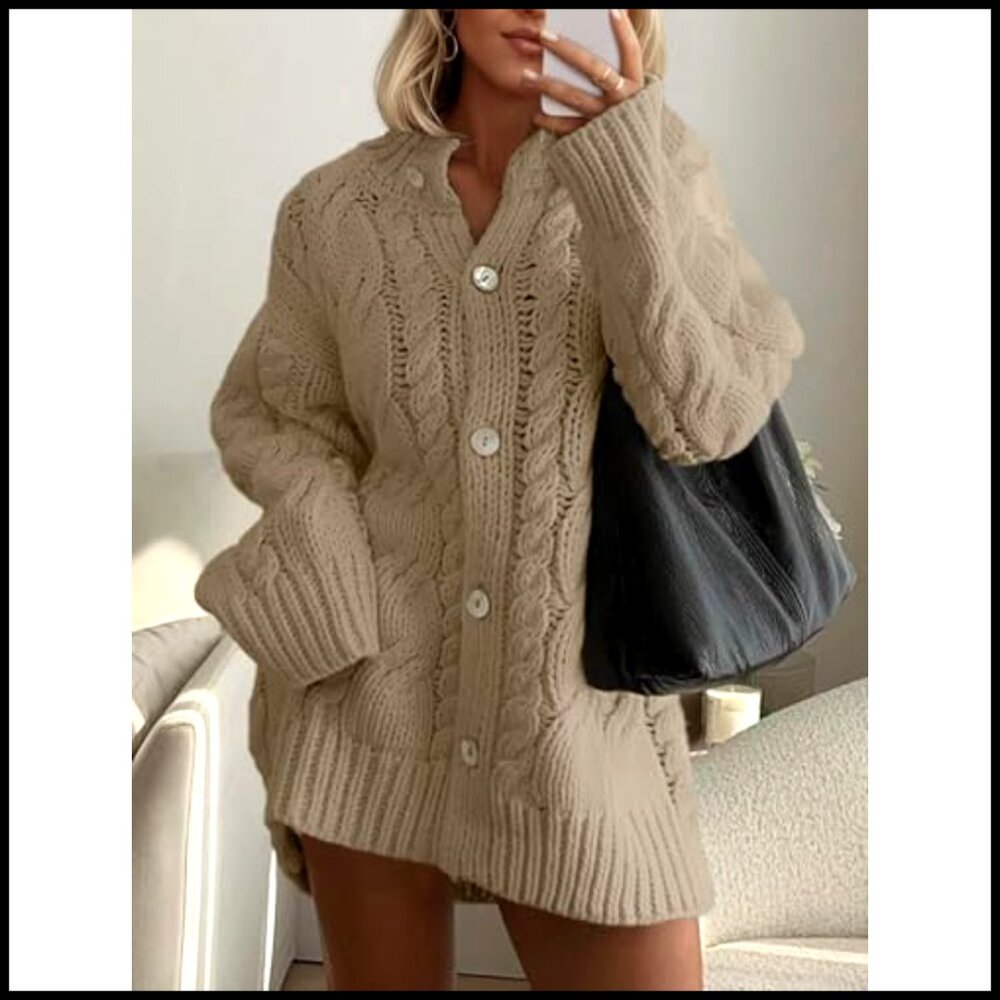 Chunky Cable Knit Cardigan Sweater Dress, Oversized Fit, Warm Winter Wear - Picture 2 of 7